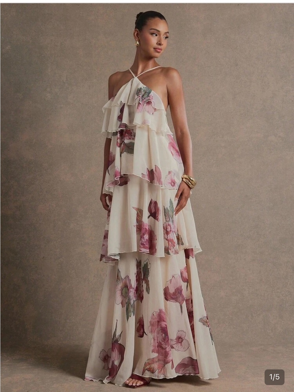 L'Amorae Elegant Romantic Wedding Guest Halter Tiered Chiffon Maxi Dress Floral